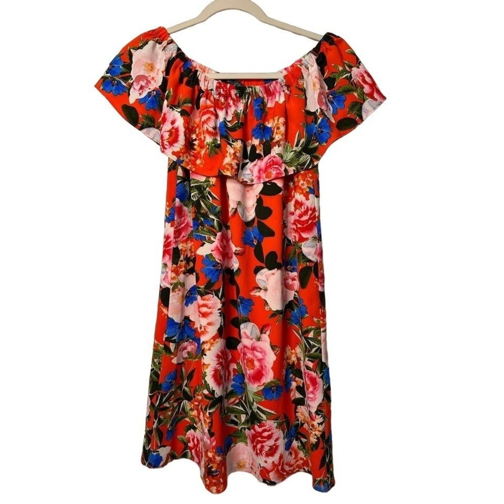 Rose-&-Olive Floral Mini Dress Pink Flower Print Off Shoulder XS Women